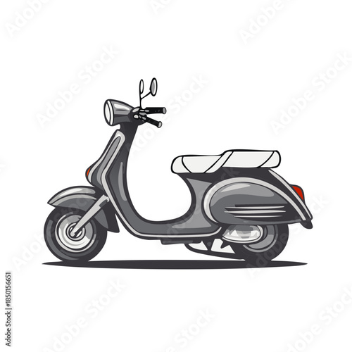 Stylized Gray Motor Scooter Isolated on White Simple line drawing with detailed shading and distinct outlines