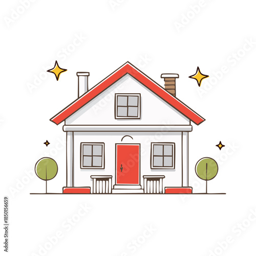 Illustration of a cozy house with a red roof, trees, and sparkling stars symbolizing home, ownership, and residential property