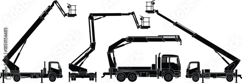 Aerial lift truck silhouettes, articulated boom and bucket trucks, multiple configurations, utility maintenance vehicles, industrial service equipment, black vector set