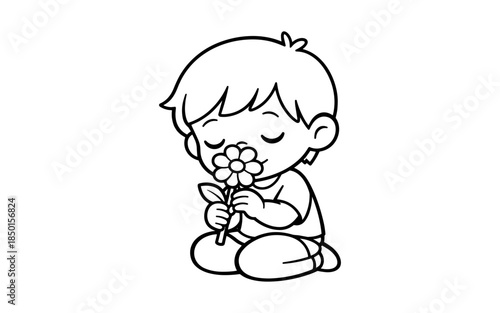 Cute cartoon boy smelling a flower with eyes closed, simple line art illustration
