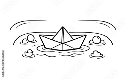 Simple line drawing of a paper boat floating on water with a rubber duck