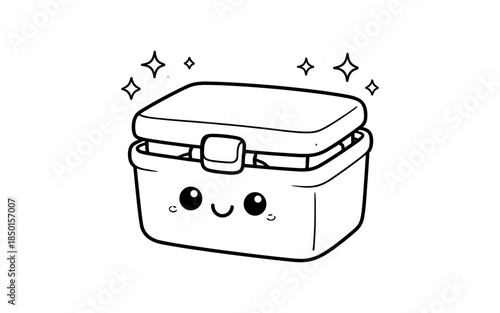 Cute cartoon lunch box with a happy face and sparkling stars