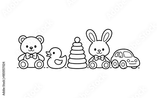 Cute cartoon line art of baby toys including a teddy bear, duck, stacking rings, bunny, and car