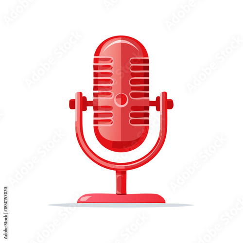 Classic vintage microphone illustration for broadcasting sound recording equipment in shades of red on a clean white background.