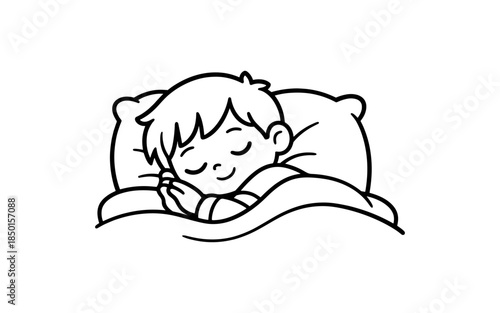 Cute cartoon boy sleeping peacefully on a pillow under the covers