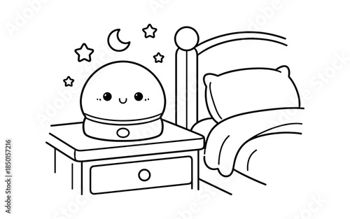 Cute kawaii night light with a smiling face sits on a bedside table next to a bed
