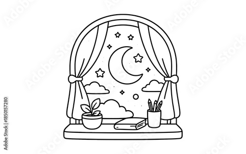 Cozy night view through a window with moon, stars, and a plant on the sill