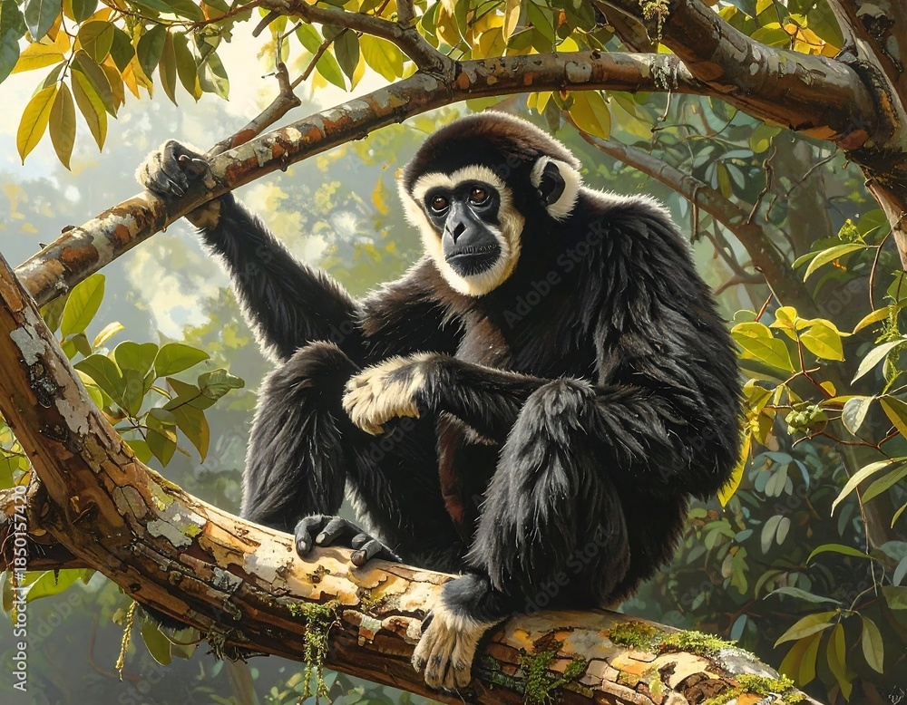 Obraz premium A black-and-white gibbon with a thoughtful expression perched on a tree branch, surrounded by lush green foliage