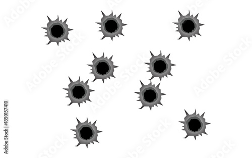 Bullet holes in a white wall damage gun crime or war impact