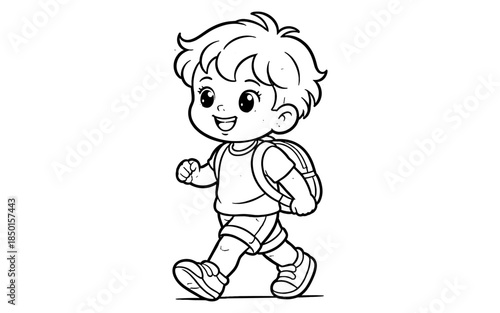 Cute cartoon boy with backpack walking happily to school, line art illustration