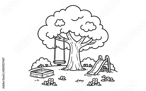 Whimsical cartoon drawing of a playground with a swing set and slide under a large tree
