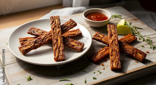 Delicious grilled tempeh strips on a plate with sauce and herbs on a wooden board in a cozy kitchen setting with natural light