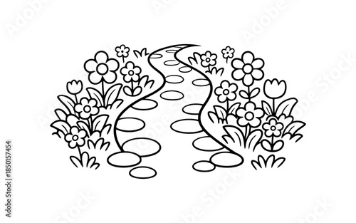 Whimsical garden path winding through colorful cartoon flowers and stepping stones