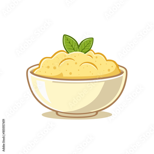 Creamy Mashed Potatoes in Bowl with Green Leaf Garnish Illustration Simple Food Icon Vector