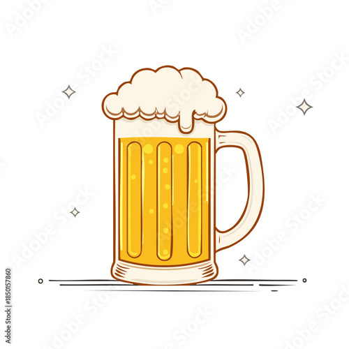 Refreshing beer illustration in a glass mug with frothy head showcasing the golden beverage and tempting bubbles