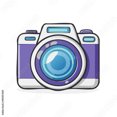 Cartoon camera illustration with blue lens, photography equipment icon, creative hobby design