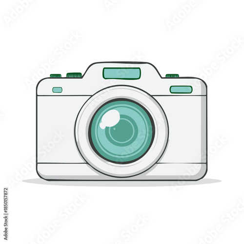 Sleek white camera with a teal lens and green buttons in a detailed vector illustration for photographic enthusiasts