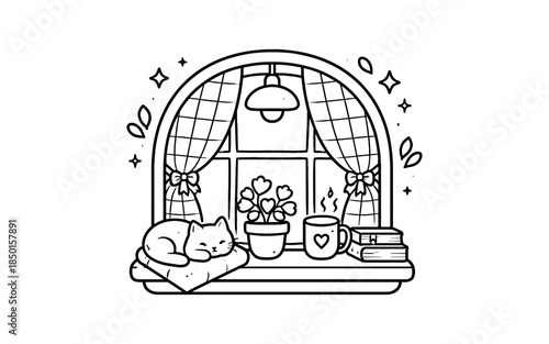 Cozy window scene with sleeping cat, plant, and hot drink, black and white illustration