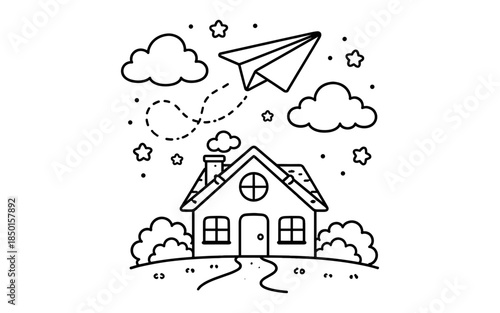 Paper airplane flies over a house with clouds and stars in a simple line art style