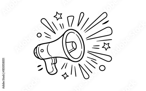 Hand drawn megaphone with radiating lines and stars announcing something important