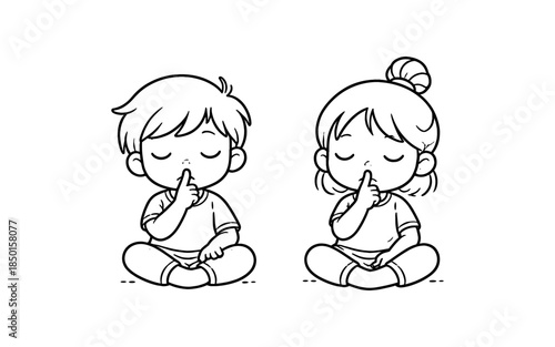 Cute cartoon children sitting cross-legged with finger on lips asking for silence