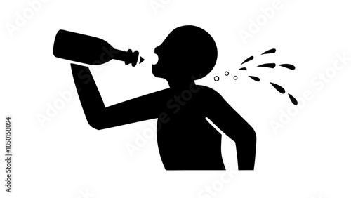 Minimal silhouette of a person tilting head back while drinking water, hydration and vitality wellness concept.