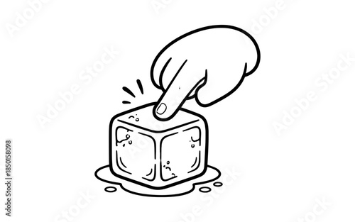 Hand pressing a melting ice cube with water droplets and radiating lines