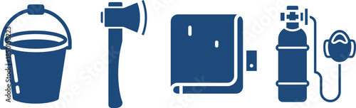 Blue Icons Of Bucket, Axe, Blanket And Oxygen Tank On White Keywords: bucket, axe, hatchet, blanket, fire blanket, oxygen tank