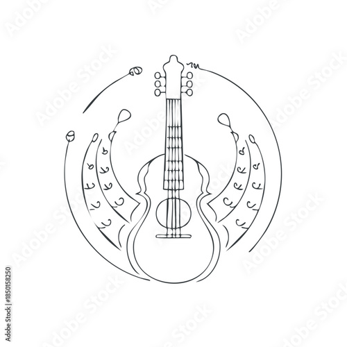 Acoustic guitar with music notes flowing around it in a circle, music instrument illustration