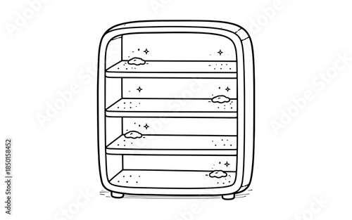 Hand-drawn illustration of an empty, dusty shelf unit with small piles of dirt