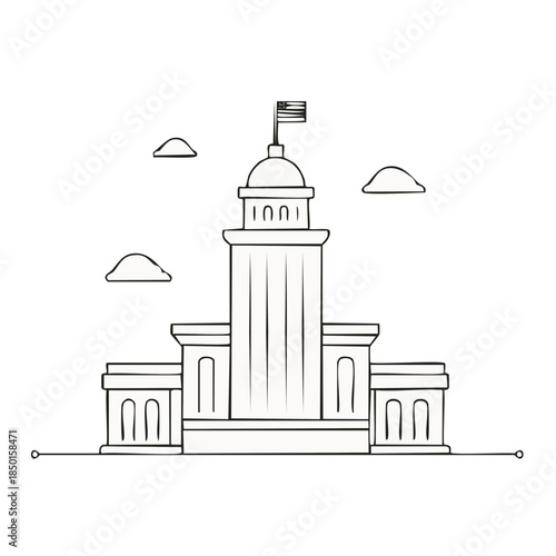 Government Building Line Art: American Flag Topped Minimalist Landmark Icon