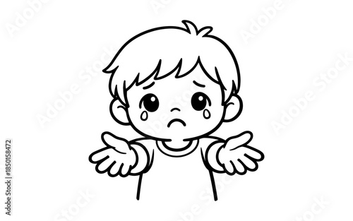 Sad cartoon boy crying with open hands asking for help