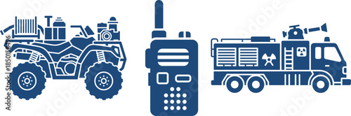 Blue Silhouettes of ATV, Radio, and Fire Truck on White Background all terrain vehicle quad bike