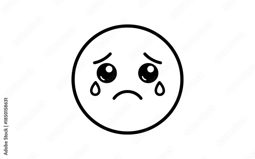 Fototapeta premium Sad crying emoji face with tears and downturned mouth, simple line art