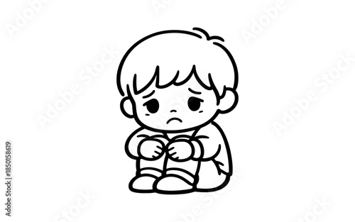 Sad cartoon boy sitting with knees hugged, looking down with a worried expression