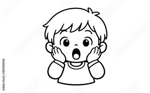 Surprised cartoon boy with hands on cheeks and mouth open in shock
