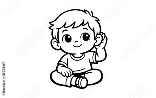 Cute cartoon boy cupping his ear to listen intently with a curious expression