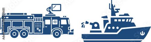 Blue Silhouettes of Fire Truck and Fire Boat on White Background fire engine water cannon