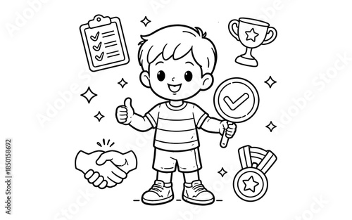 Happy cartoon boy with thumbs up and checkmark sign, surrounded by awards and achievements