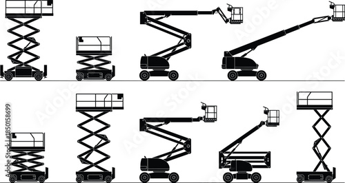 Aerial, lift, silhouettes, scissor, boom, platform, height, progression, access, equipment, construction, industrial, machinery, safety, maintenance, worksite, vector, illustration, set, isolated