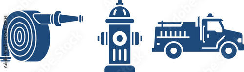 Blue Silhouettes of Fire Hose, Hydrant, and Fire Truck on White Background fire hydrant fire engine