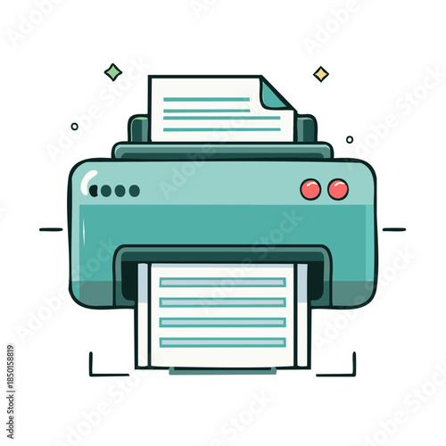 Stylish flat vector illustration of printer processing paper for office automation, documents, and information output in modern style