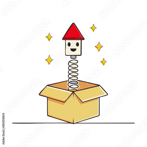 Surprise toy jumping out of a gift box with stars around for a festive cartoon illustration