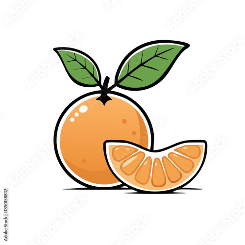 Bright whole orange with green leaves and slice illustration depicting citrus fruit freshness and vitamin C source