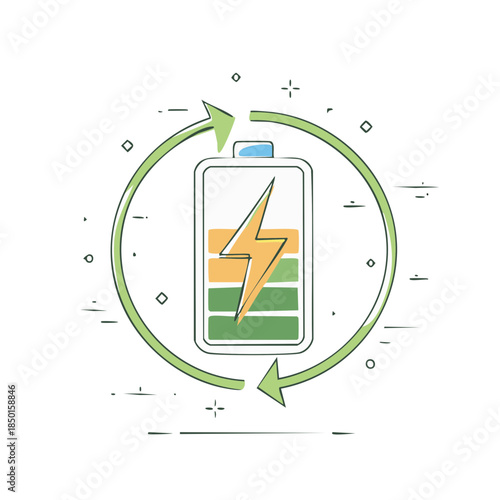 Battery recharge icon with arrows showing energy cycle with green elements