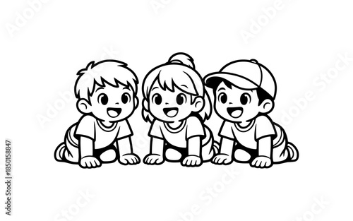 Three adorable cartoon babies crawling together, smiling happily in a line