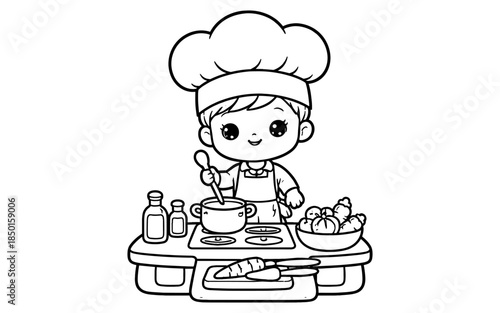 Cute cartoon chef kid stirring pot on stove with vegetables and ingredients