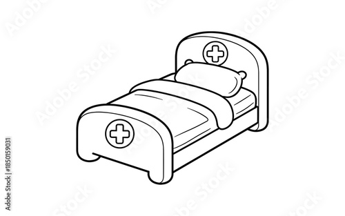 Simple line art drawing of a hospital bed with a pillow and blanket