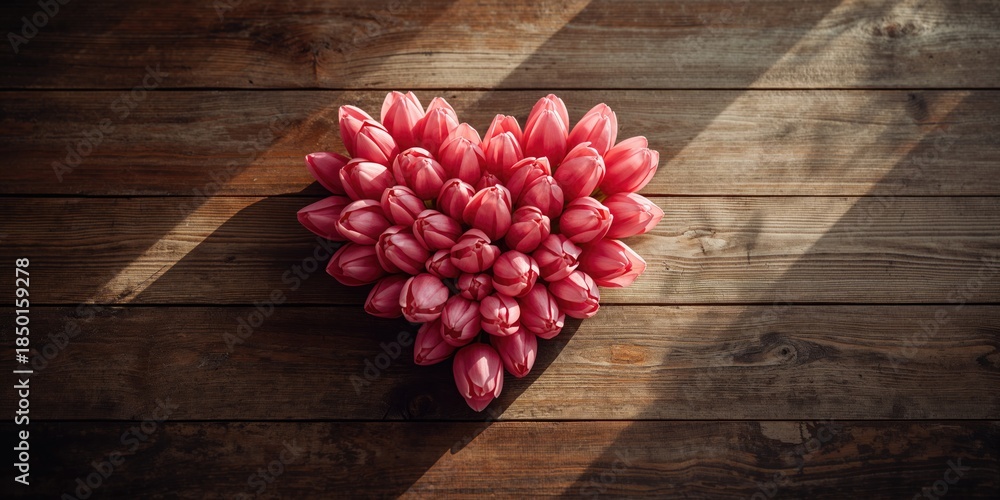 Obraz premium Closeup of pink tulips flowers on a rustic table used as a natural backdrop, spring season