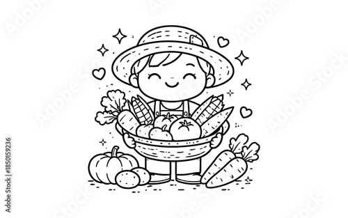Cute cartoon farmer child holding a basket full of fresh vegetables and fruits
